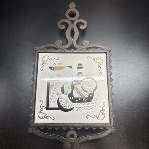 Cast Iron Trivet Hand Painted Ceramic Tile VTG Japan Made Farm Life Wine Bottle